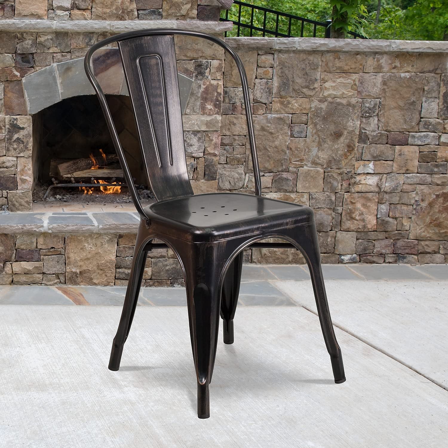Bowery Hill 17.5" Industrial Metal Stackable Dining Chair in Black/Antique Gold