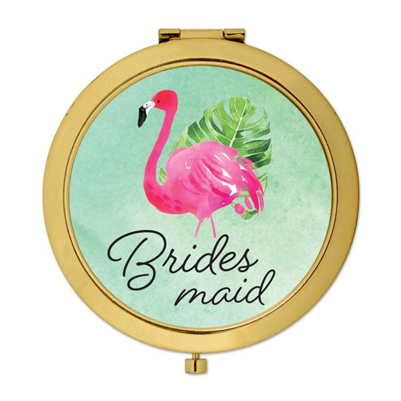Koyal Wholesale Compact Mirror Bridesmaid Wedding Gift, Gold, Tropical Pink Flamingo, 1-Pack