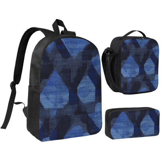 3pcs Casual Daypack 17 Inch Backpack Set Bookbag Pencil Case Lunch Bag Combination For Travel Work Camping Argyle Plaid Doderblue_3