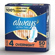 Always Ultra Thin Pads Unscented with Wings, Overnight Absorbency, Size 4, 50 Ct