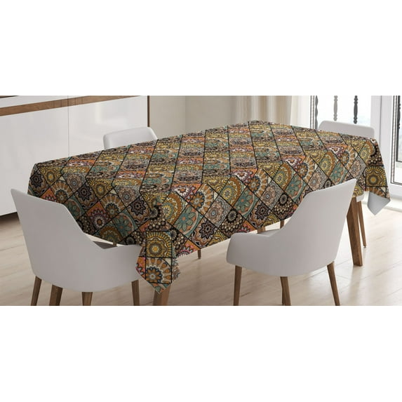 Moroccan Tablecloth, Mexican Ornaments with Abstract Old Fashioned Mandala Checkered, Rectangle Satin Table Cover Accent for Dining Room and Kitchen, 52" X 70", Multicolor, by Ambesonne
