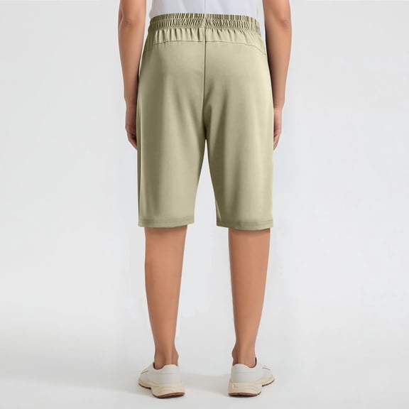 Athletic Shorts for Women Pull On Quick Dry 12" Casual Sweat Bermuda Shorts Drawstring Long SweatShorts with Pockets Khaki M