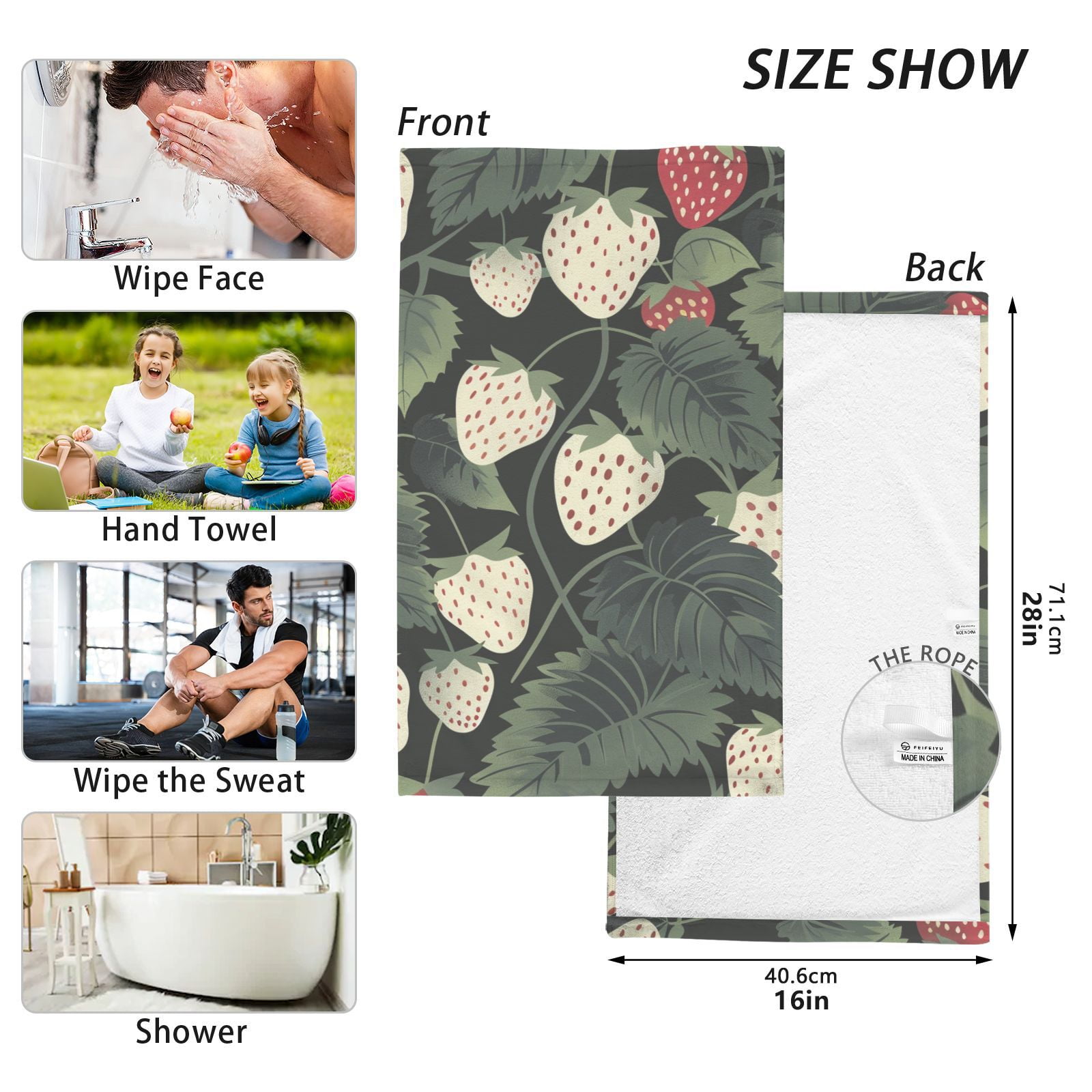 White Strawberries Hand Towels Cotton Bath Towels Large Face Towels Absorbent for Bathroom 2 Packs