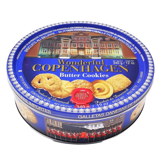 Danish Butter Cookies 340g (12 Ounce) with 32% Butter Content - in Wonderful Copenhagen Tin with Embossed Lid by Jacobsens of Denmark - Traditional Biscuit Tin Gift