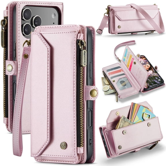 Crossbody for iPhone 17 Pro Max Case Wallet【RFID Blocking】with 10-Card Holder Zipper Bills Slot, Soft PU Leather Magnetic Shoulder Wrist Strap for iPhone 17 Pro Max Wallet Case Women