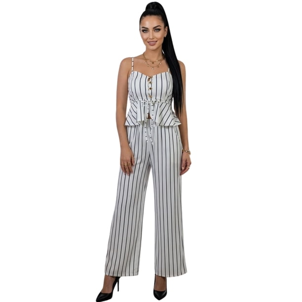 Conjunto para Mujer 2 Piezas Rayado Top Peplum con Tirantes y Pantalón Palazzo Set Elegante Casual de Tela Ligera