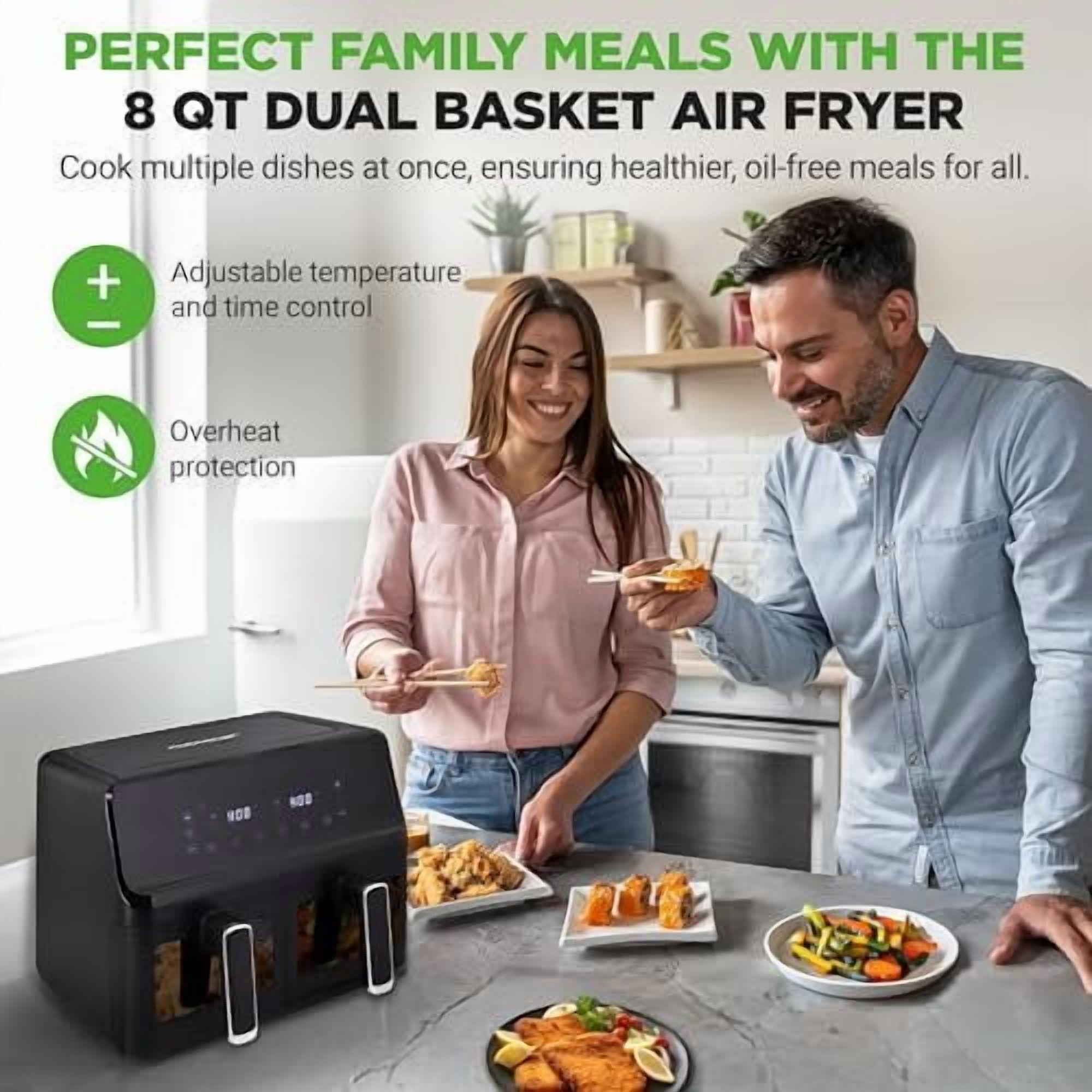 NutriChef Double Basket Air Fryer 8.8 QT Family Size Oil Free Digital Cooker with Transparent Window 9-1 Preset Cooking Options 360 Hot Air Circulation Technology 4.4 QTs per Basket Black