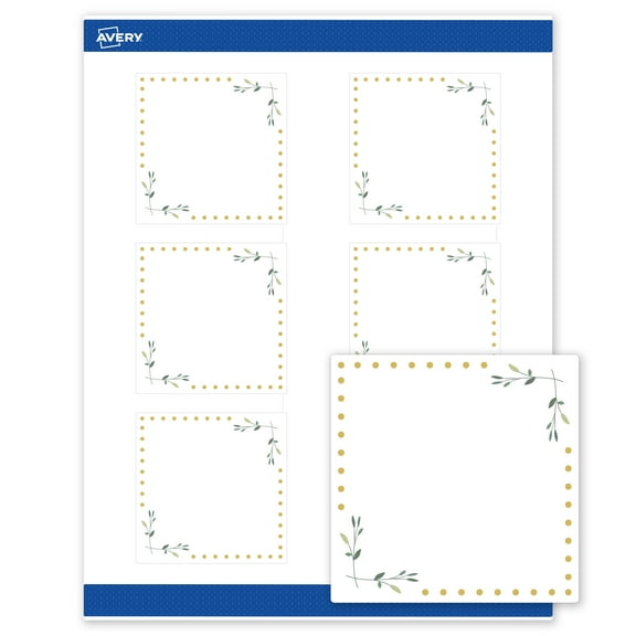 Avery 3" x 3" Labels, Gold Dots with Green Florals, 60 ct, Matte, Green Florals with Gold Dots