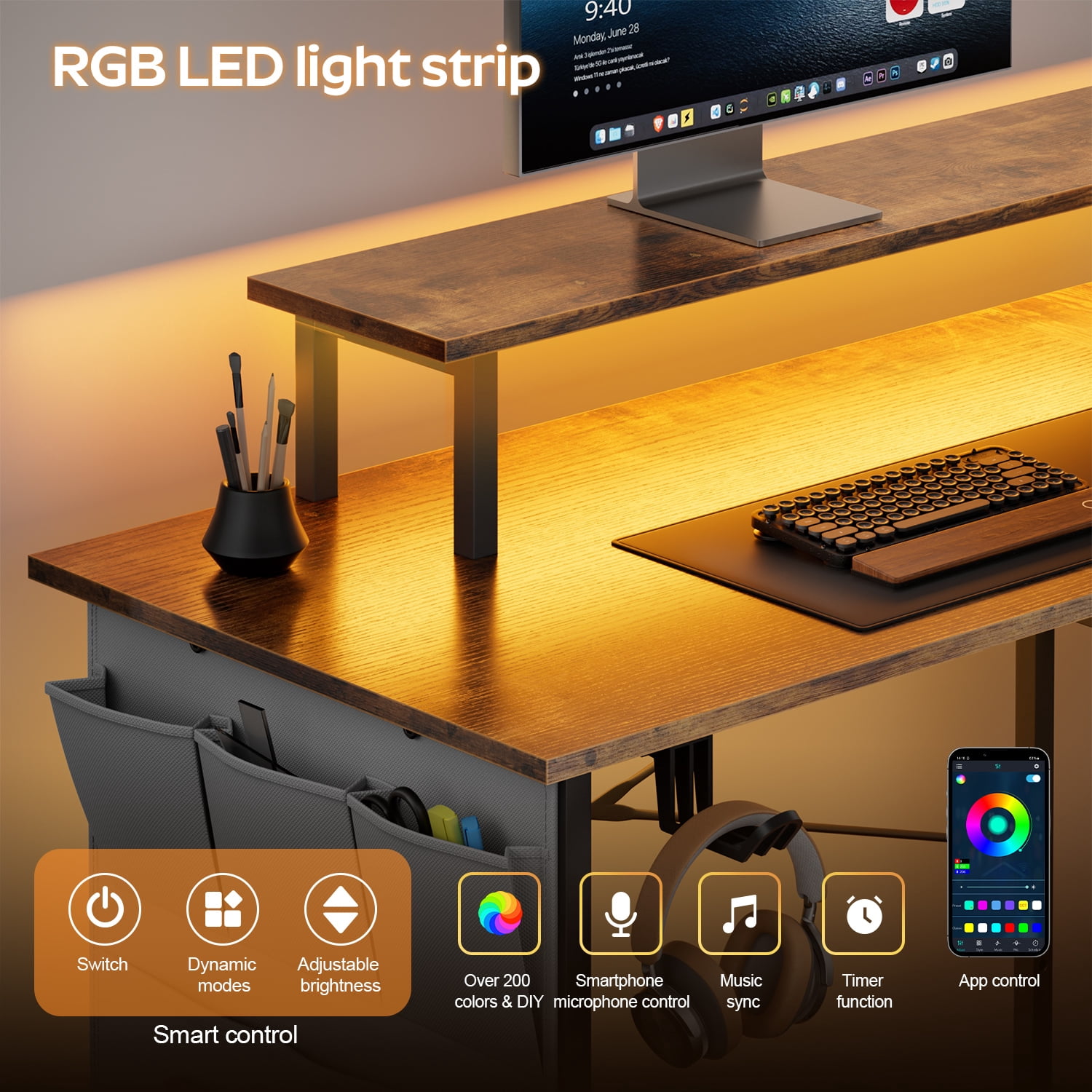 HLDIRECT 43 Inch L Shaped Computer Desk with Power Outlet, Gaming Corner Desk with LED Lights, Home Office Table with Storage Shelves & Monitor Stand, Rustic Brown