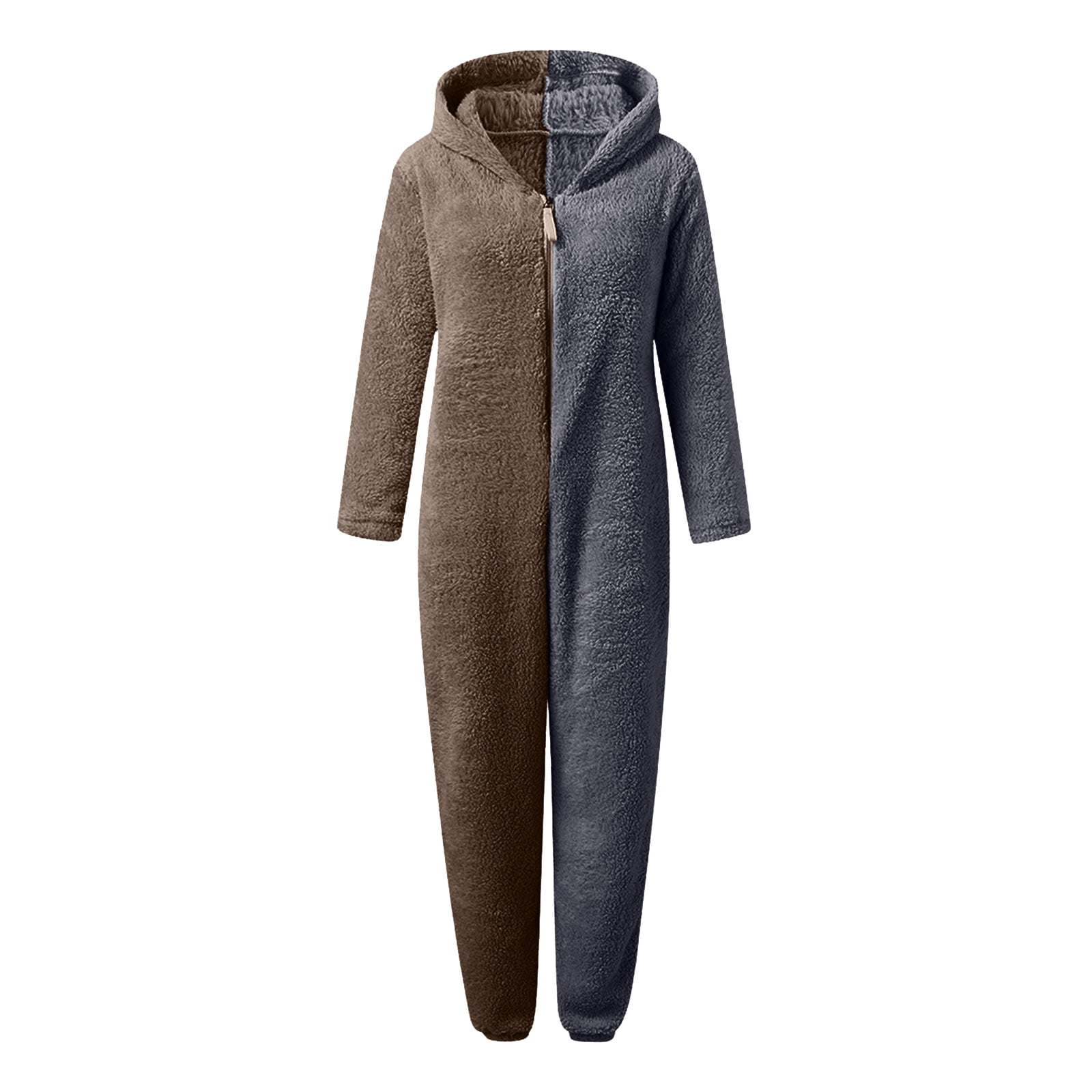 JURANMO Womens Winter Warm Hooded Fleece Sherpa Jumpsuits,2024 Women Long Sleeve Trendy Contrast Color Patchwork Full Zip Jumpsuit Pajamas with Two Cute Ears Casual Plus Size Rompe Sleepwear