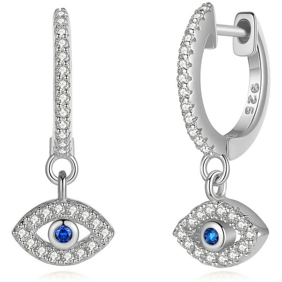 Lavishe Rhodium Plated Sterling Silver AAA Cubic Zirconia Huggie Hoop Dangle Evil Eye Drop Earrings