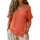 thumbnail image 2 of Craaazy Women's Lightweight Relaxed Fit V Neck Blouse, Solid Color Short Sleeve Cotton Linen Top, Comfy Asymmetric Hem Button Accent Tee for Work & Weekend Gifts, 2 of 9
