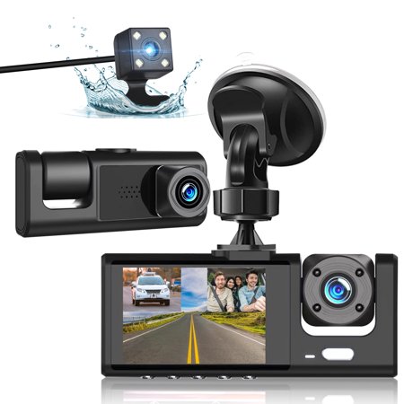 KeesonKimiDash Cam Front and Rear, 3 Channel Dual Dash Camera, 1080P Car Camera DVR Backup Cam, 3 Way Triple Dashboard Driving Recorder, Inside IR Night Vision, G-Sensor, Parking Mode