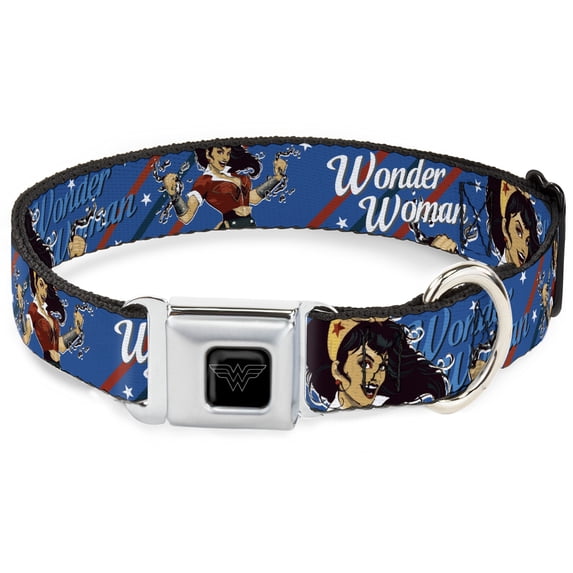 DC Comics Pet Collar, Dog Collar Metal Seatbelt Buckle, Wonder Woman Bombshell Pose Blue Red White, 20 to 31 Inches 1.5 Inch Wide