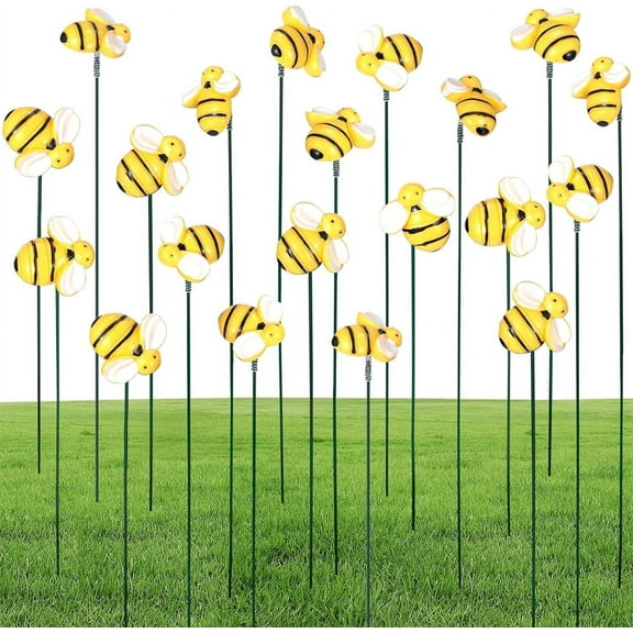 NOGIS Bee Garden Stakes Decor, Metal Plant Garden Decor Yard Art, Cute Bee Design Decorative Garden Stakes for Garden Lawn Corridor Plant Pot, Flower Bed Decor Yellow (20Pcs)