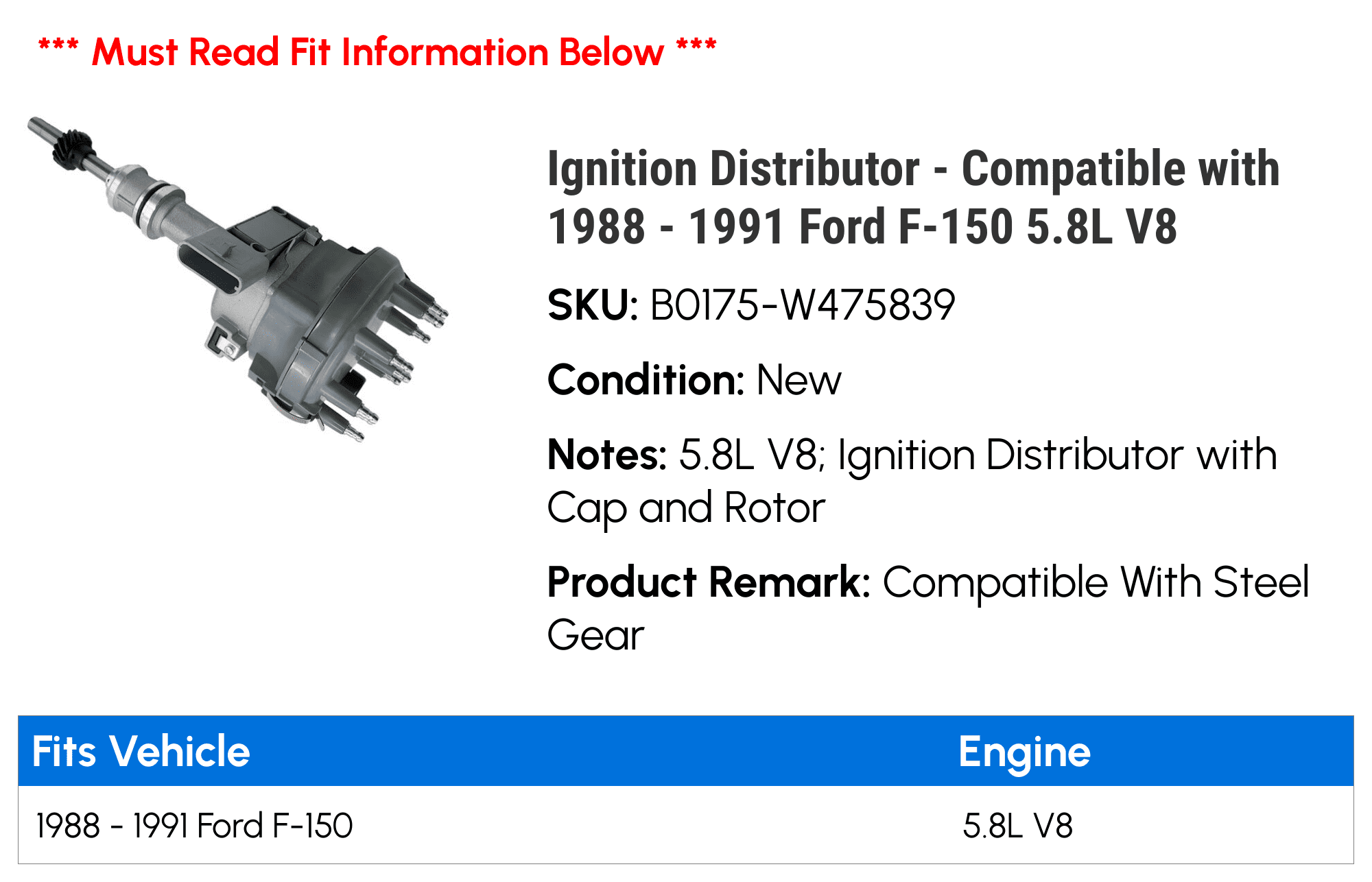 Ignition Distributor - Compatible with 1988 - 1991 Ford F-150 5.8L V8 1989 1990