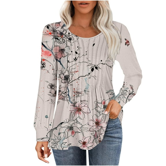 Bxsruta Blouse for Women, Women's Casual Fashion Loose Pleated Round Neck Fashion Print Long Sleeved Top Print Long Sleeved Round Neck Top/shirt, Peach white L