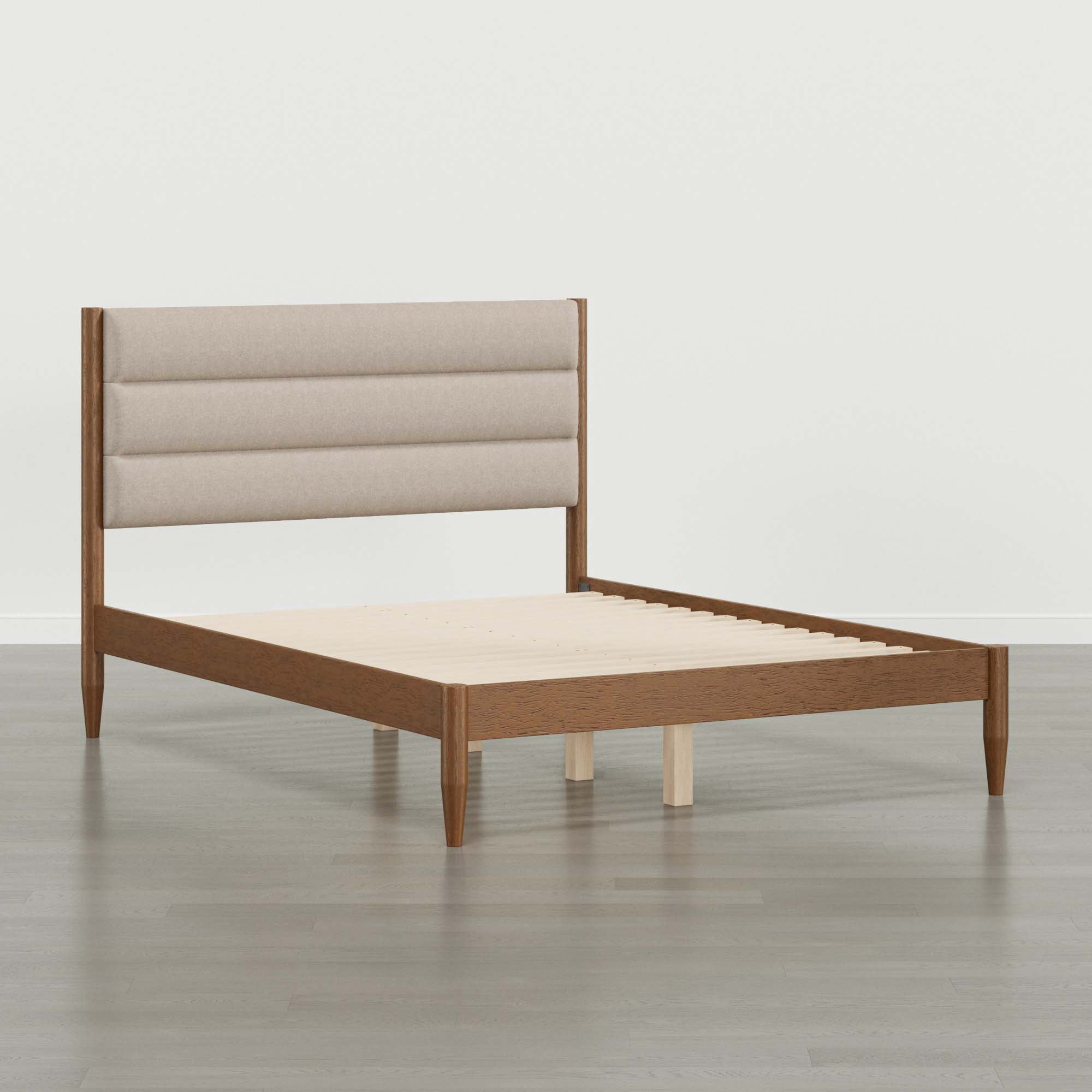 Spruce & Spring Farmhouse Queen Upholstered Bed Frame, Solid Rubberwood Frame, Oatmeal Boucle Headboard, Noise-Free, No Box Spring Required, Walnut & Oat