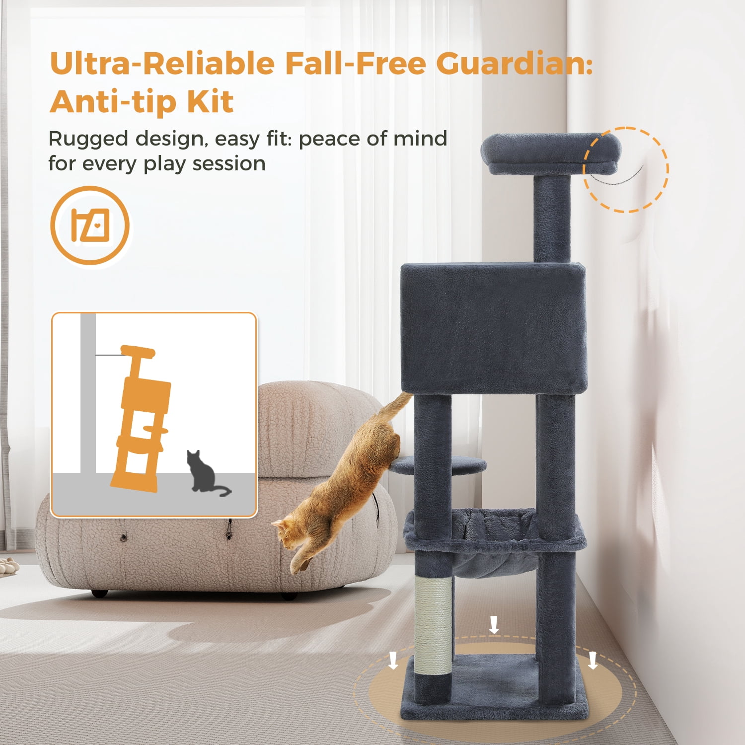 PAWZ Road Cat Tree Condo 46”with Sisal Covered Scratching Posts Tower Deep Hammock and Large Perch for Small Cats,Dark Gray