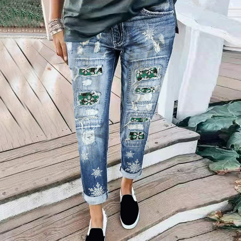 XZHGS Black Jean Jacket Women Christmas Tree Print Lattice Patchwork  Stretch Ripped Pants Mid Waist Hole Jeans Pants Distressed Washed Christmas  Patch