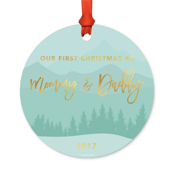 Metal Christmas Ornament, Our First Christmas As Mommy and Daddy 2017, Winter Wonderland, Includes Ribbon and Gift Bag