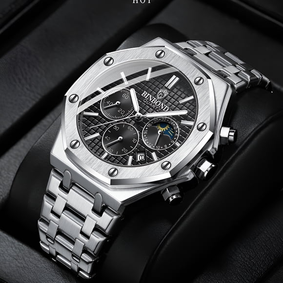 Reloj de Cuarzo Cronógrafo Octagonal para Hombre, Fase Lunar, Fecha, Luminoso, Reloj de Pulsera de Acero Inoxidable