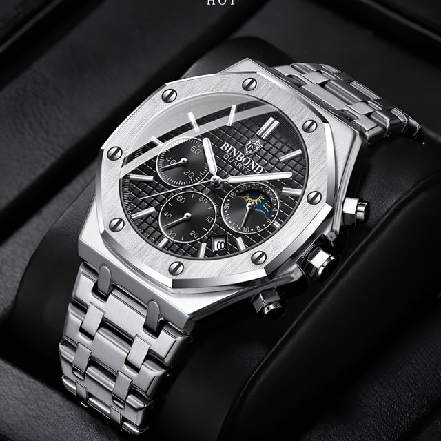 Reloj de Cuarzo Cronógrafo Octagonal para Hombre, Fase Lunar, Fecha, Luminoso, Reloj de Pulsera de Acero Inoxidable