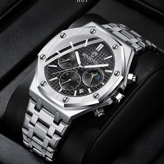 Men's Octagonal Chronograph Quartz Watch, Moon Phase, Date, Luminous, Stainless Steel Wristwatch