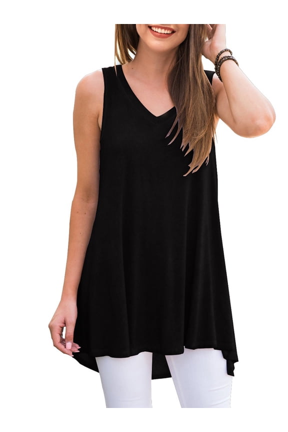 Womens Summer Casual T-Shirt V-Neck Sleeveless Tunic Tops for Leggings Loose Blouse Shirt