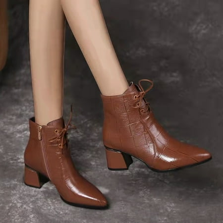 

BCMMKLPP High Lace-up Pointed Toe Boots Women s Short Thick Heel Fashion Boots Heel women s boots Brown 42