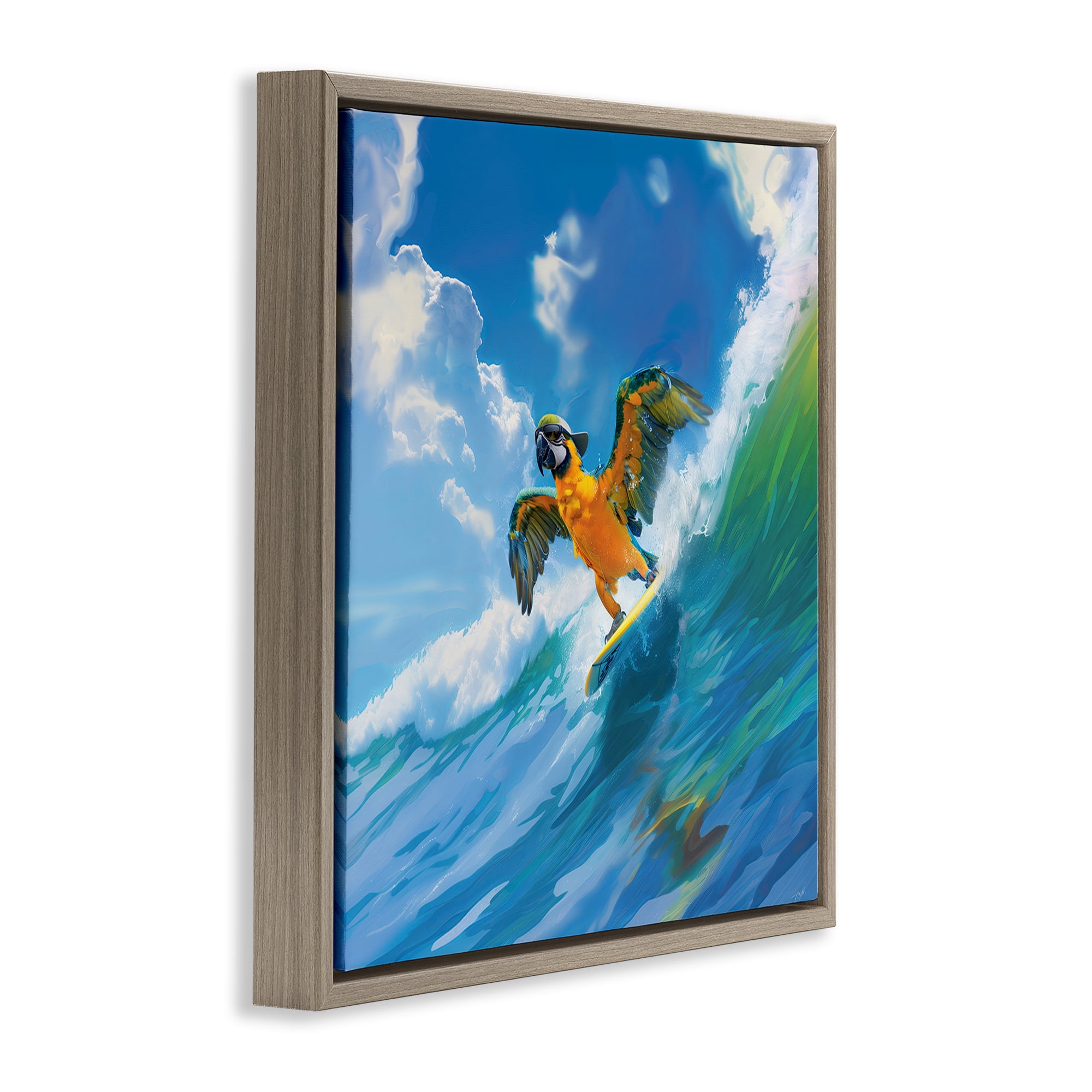 Stupell Industries Parrot Surfing Sea Waves Nautical & Beach Painting Brown Floater Framed Canvas Art Print Wall Art, 18 x 18