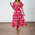 thumbnail image 6 of DGMIOCS Women's and Women's Plus Dress Summer Off Shoulder Printed Puff Sleeve A-Line Gown for Women with Elegant V-Neck and Flowy Pink L, 6 of 7