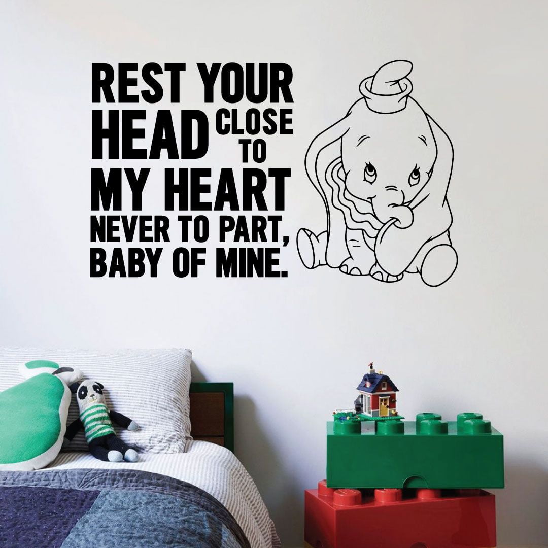 Baby Dumbo Wall Decal – “Rest Your Head Close To My Heart” Quote Silhouette – Vinyl Sticker For Nursery, Kids Room, Bedroom – 20x20 Inches, Various Colors