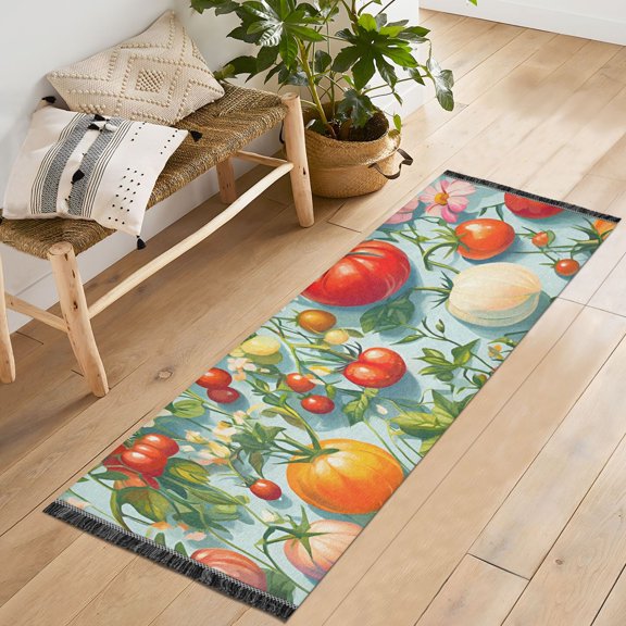 Yayeee Runner Rug for Bedroom 2'x6' Machine Washable Hallway Non Slip Mat, Green Floral Tomatoes