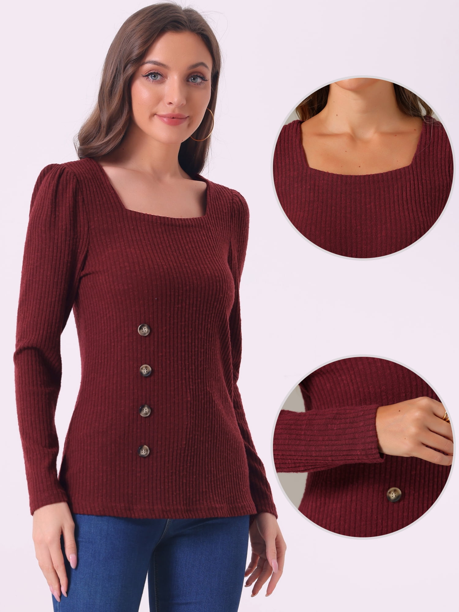 DARING DIVA Square Neck Sweaters Long Sleeve Top XL Burgundy