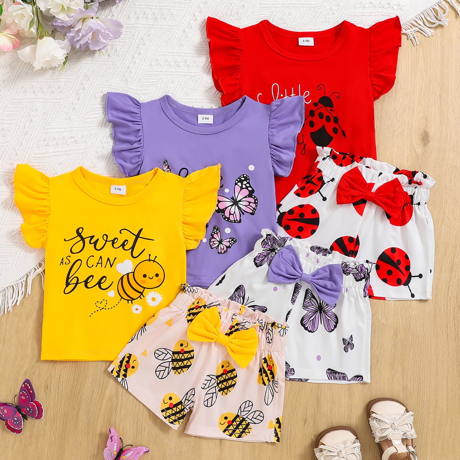 Xudanell Baby Girl Clothes Toddler Girls Summer Outfits Kids Short Fly Sleeve Cute Ruffle Shirts Tops Floral Shorts Set (Yellow, 6-9 Months)