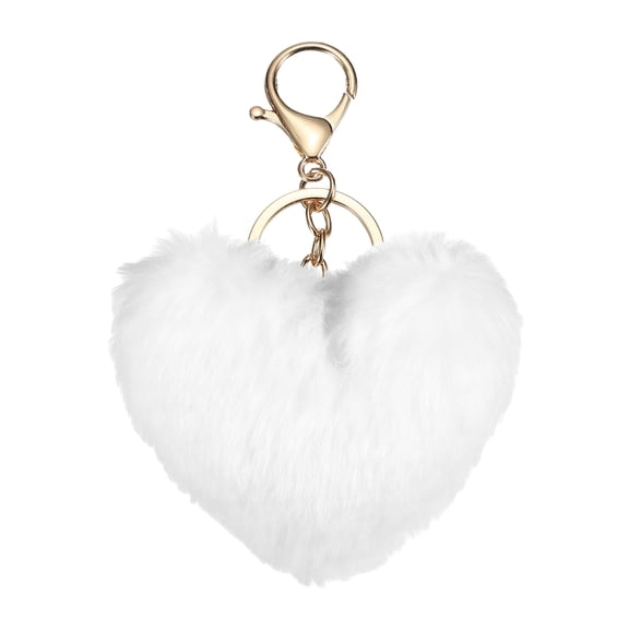 Uxcell Pom Pom Keychain, 10cm Faux Rabbit Fur Fluffy Pompoms Keyring, Soft Cute Plush Fluffy Heart Keychains for Women Purse Handbag Bag Pendant DIY Crafts, White