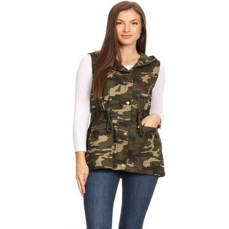 MOA COLLECTION Women's Camouflage Print Casual Front Pocket Hoodie Vest (Best Waterproof Camo Jacket)