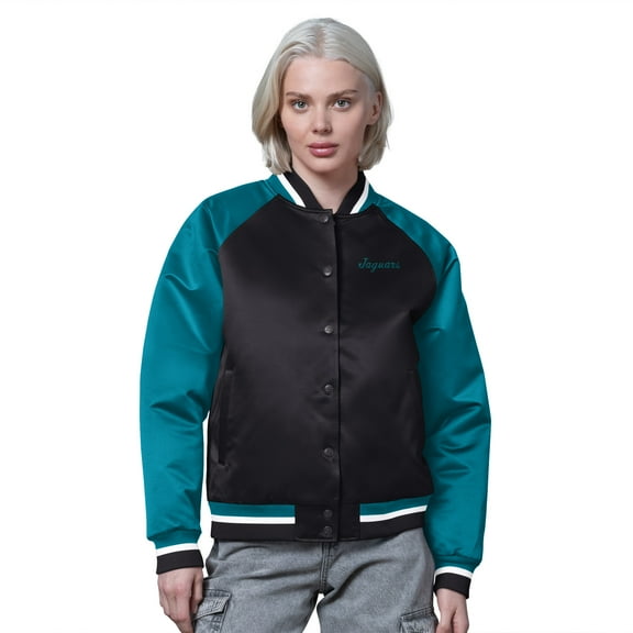 Women's Starter Black/Teal Jacksonville Jaguars Satin Full-Snap Vintage Varsity Jacket