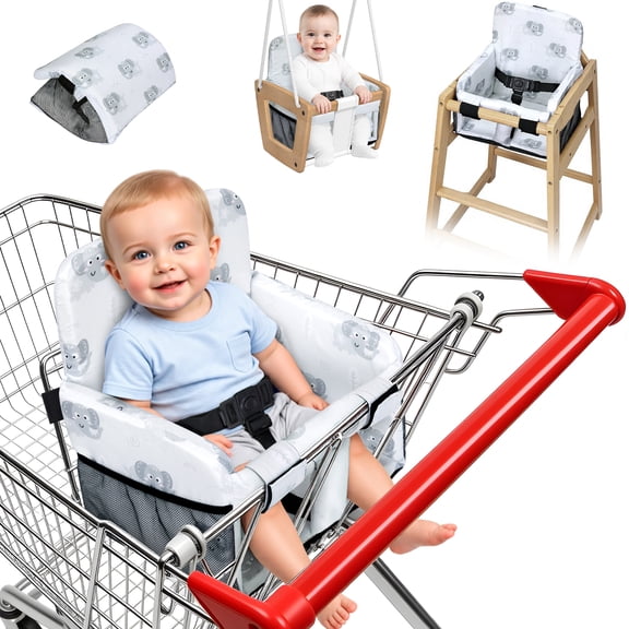 Shopping Cart Seat Cover for Baby, High Chair & Grocery Seat Protector, Padded Chair Covers for Restaurant Seats, Unisex Machine Washable Grocery Cart Liner & Swing Insert –Grey