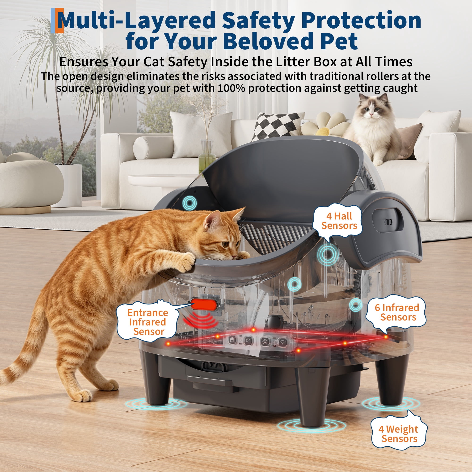 Roromall Self-Cleaning Cat Litter Box, Automatic Litter Box with Open-Top, 15-Layer Safety Protection System & Smart App Control, Cat Litter Box with Adjustable Entry Height & Odor Control