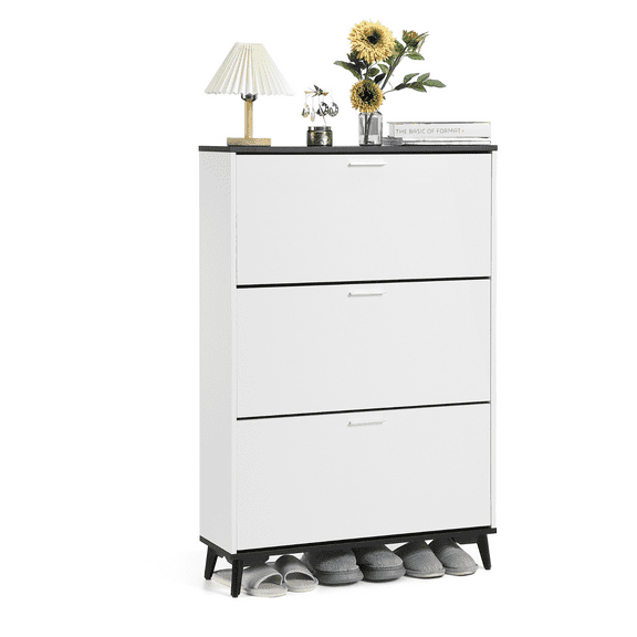 Garvee Shoe Cabinet, Shoe Storage Cabinet with 3 Flip Drawers, 47 In Tall Freestanding Shoes Organizer with Legs, Farmhouse Narrow Shoe Rack, Slim Shoe Cabinet for Entryway, Hallway, Closet