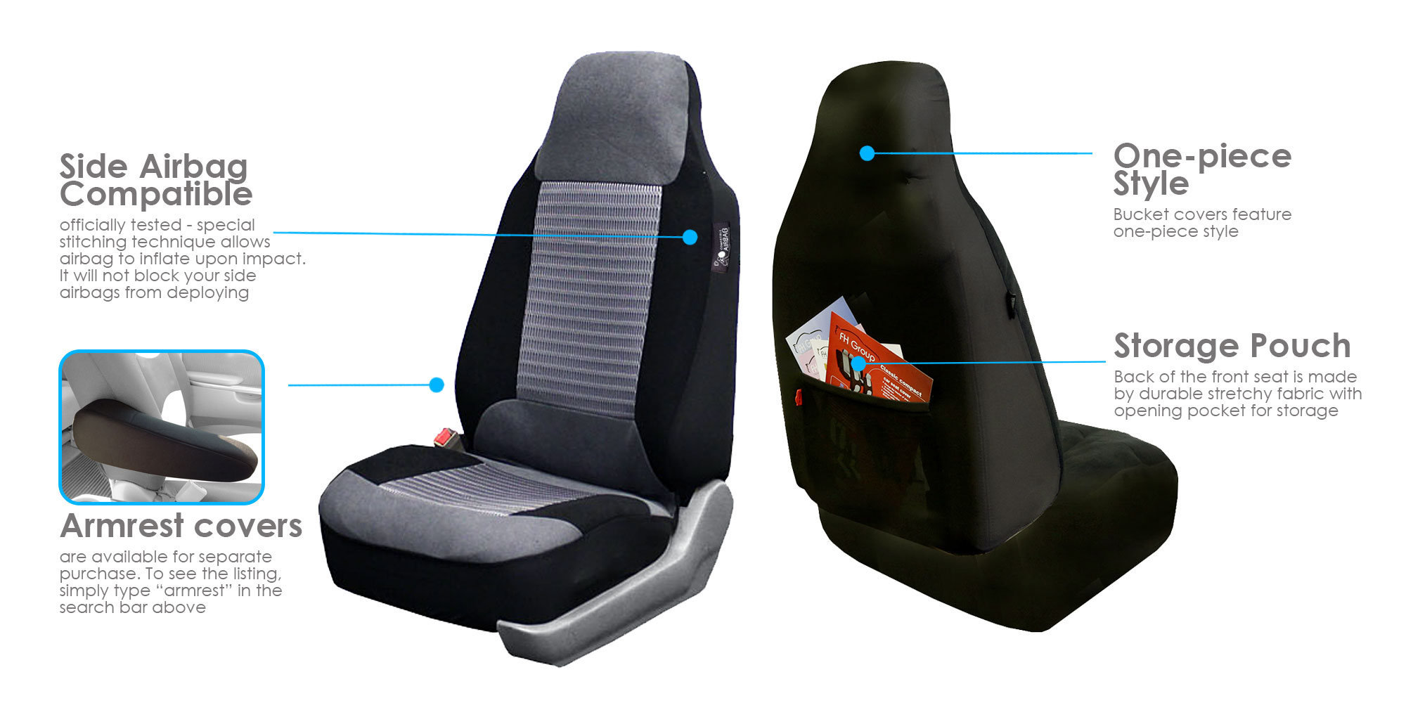 FH Group Premium Fabric Universal Seat Covers Fit For Car Truck SUV Van Gray/Black - Front Seats - image 3 of 3