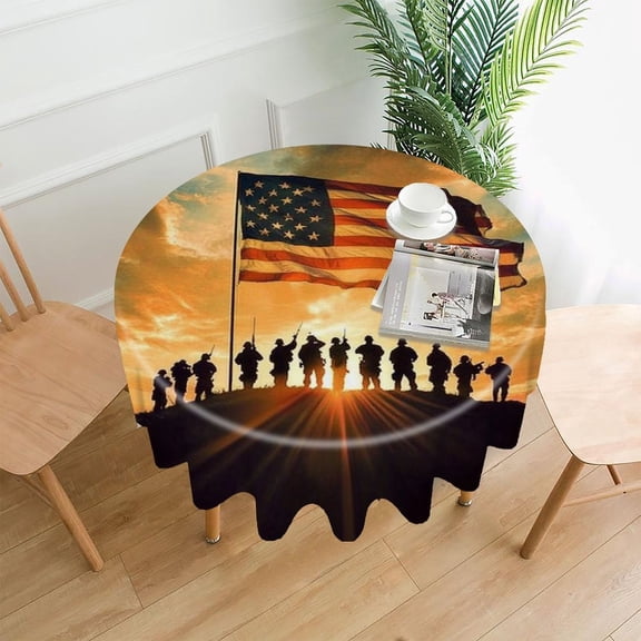 RKSupls 60 Inch Round Tablecloth, Soldiers Silhouette Flag Sunset Premium Polyester Straight Edge Wrinkle Resistant Washable Table Cover for Party Home Dining Decor