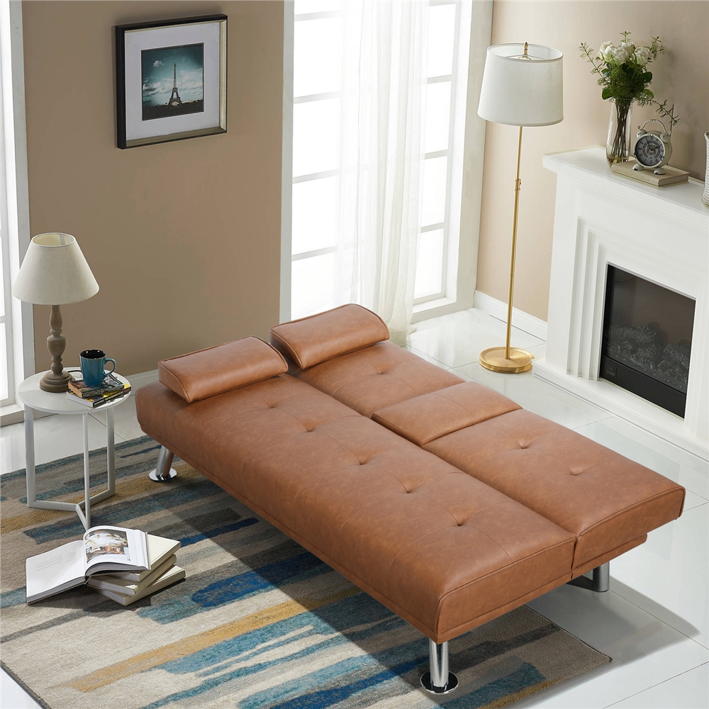 Easyfashion LuxuryGoods Modern Faux Leather Futon with Cupholders and Pillows, Brown - image 3 of 11