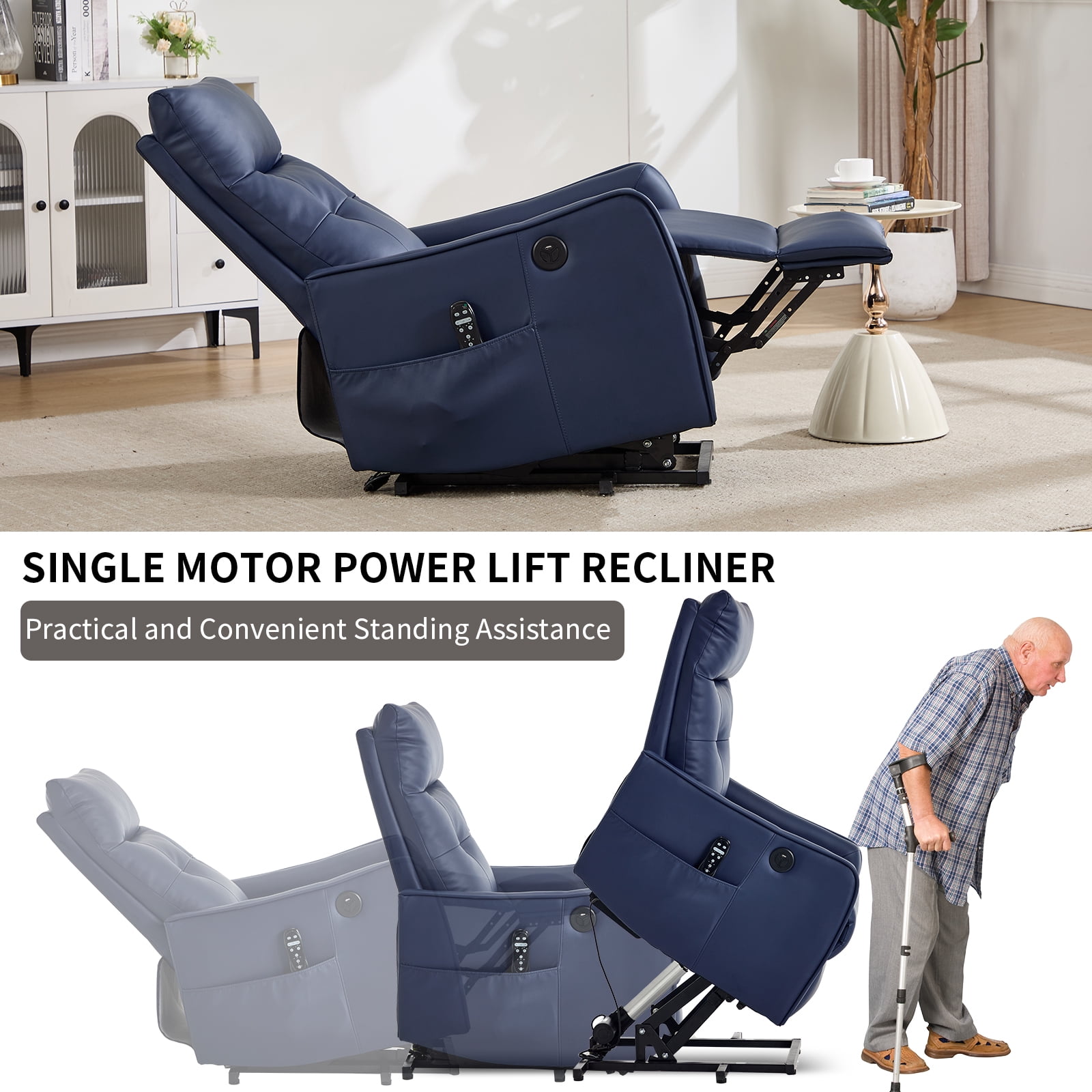 BSHTI Power Lift Recliner Chair with Massage and Heat, Single Motor 155° Recline, USB Charging Port, PU Leather, Easy Assembly, Blue