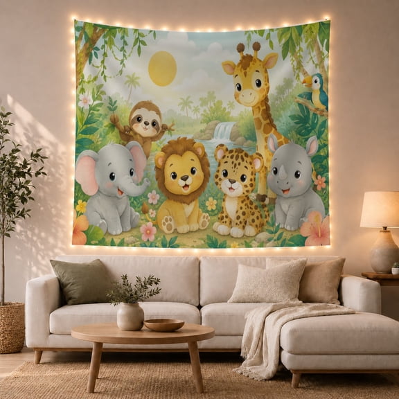 Smiling Baby Animals in a Lush Jungle with Waterfall, Whimsical Illustration for Animal Lovers, Cute Safari Wall Art, Graduation Gift, Tapestry Wall Hanging for Bedroom and Dorm