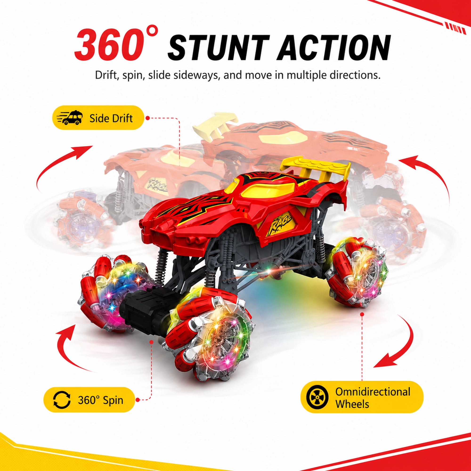 Remote Control Stunt Car for Kids, 1:16 4WD RC Monster Truck with 360° Spin, Sideways Drift, Omnidirectional Wheels