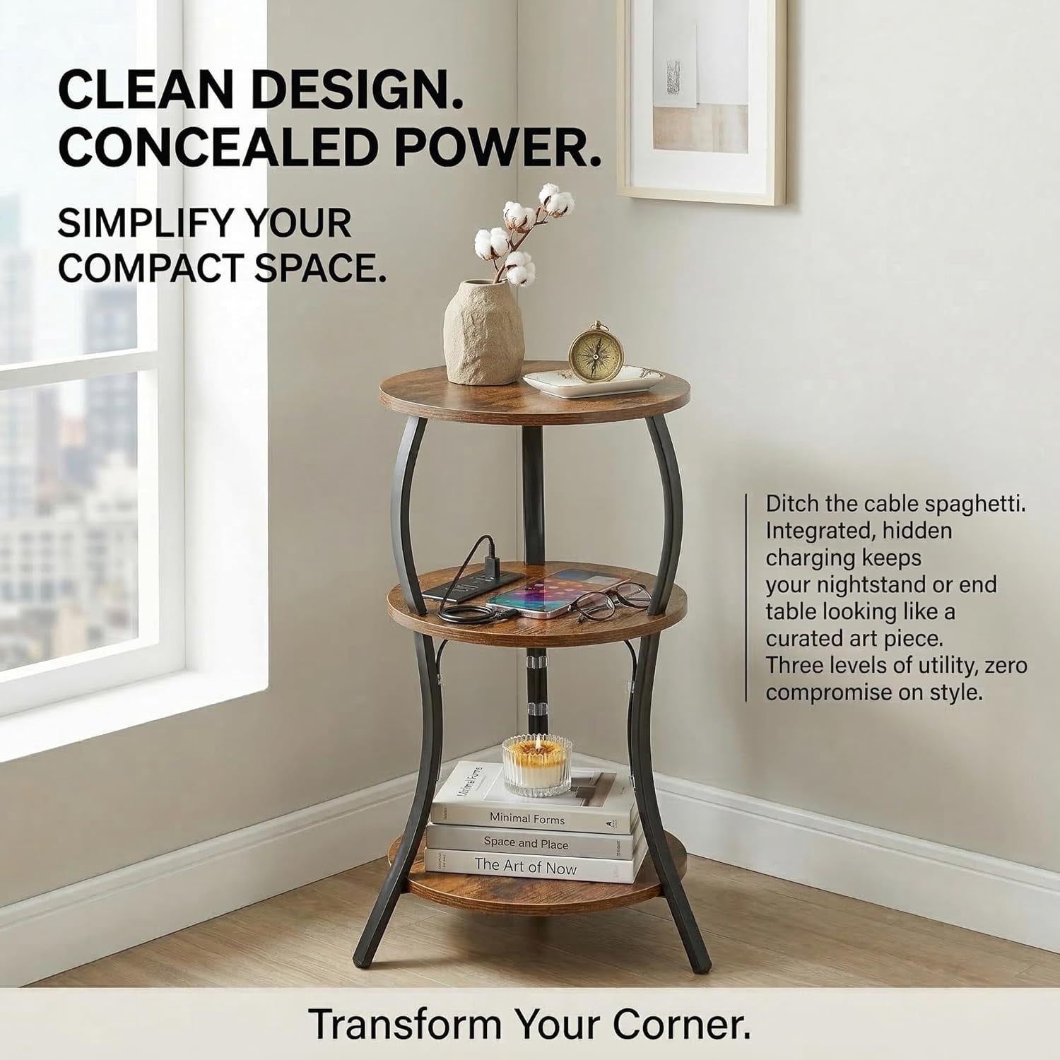 ZEXVIDA Small Round Side Table with Charging Station, 3-Tier Waist Circular End Table with Storage Shelf,  Sofa Side Table Small Spaces, Round Corner Coffee Table for Living Room Bedroon,Brown