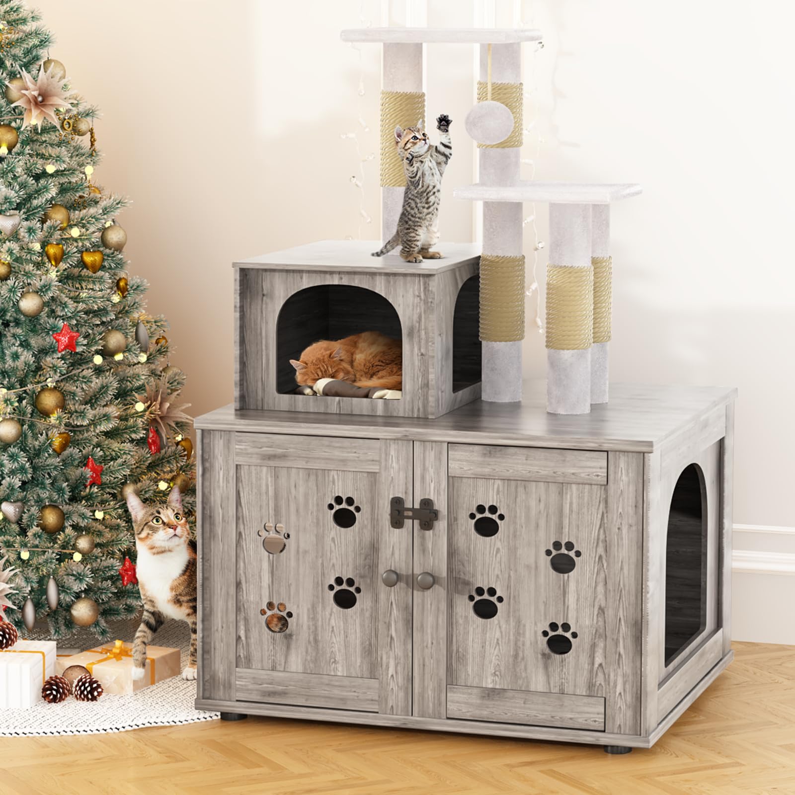 Baxluxe Cat Litter Box Enclosure with Cat Tree, Hidden Cat Washroom Furniture with Divider, Wooden Cat House with Platform, Scratching Post and Soft Plush Perch, Indoor Pet Cabinet, Gray
